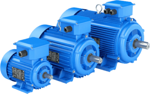Three blue industrial electric motors of varying sizes are arranged in a row on a transparent background, conveying a sense of power and efficiency.